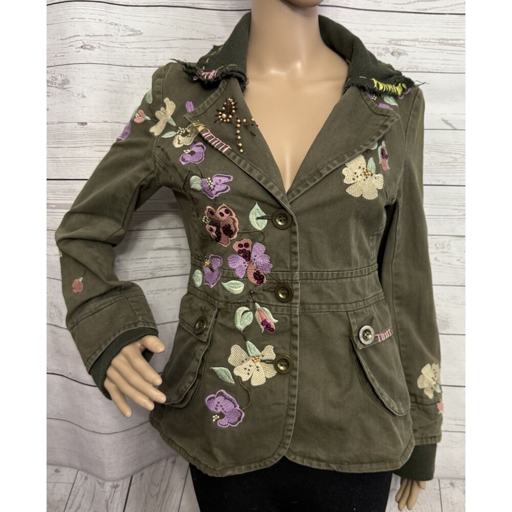 Rebbeca Thomson Embroidered Floral Jacket Medium Olive Green Unique Boho Casual